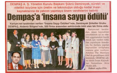 DEMPAŞ''A" İNSANA SAYGI ÖDÜLÜ"-Türkeli Gazetesi - 16.Haziran.2008'