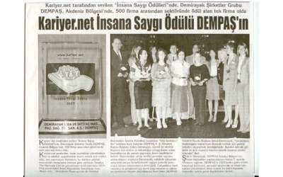 'Kariyer.net İnsana Saygı Ödülü DEMPAŞ''ın -Kocatepe Gazetesi - 16.Haziran.2008'