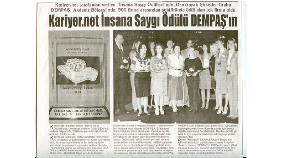 'Kariyer.net İnsana Saygı Ödülü DEMPAŞ''ın -Kocatepe Gazetesi - 16.Haziran.2008'