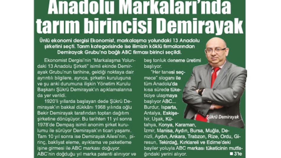 Anadolu Markaları''nda tarım birincisi Demirayak-Gazete3-07.Mart.2009'