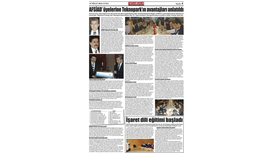 AFSİAD üyelerine Teknopark'ın avantajları anlatıldı.Türkeli Gazetesi.15.4.2016